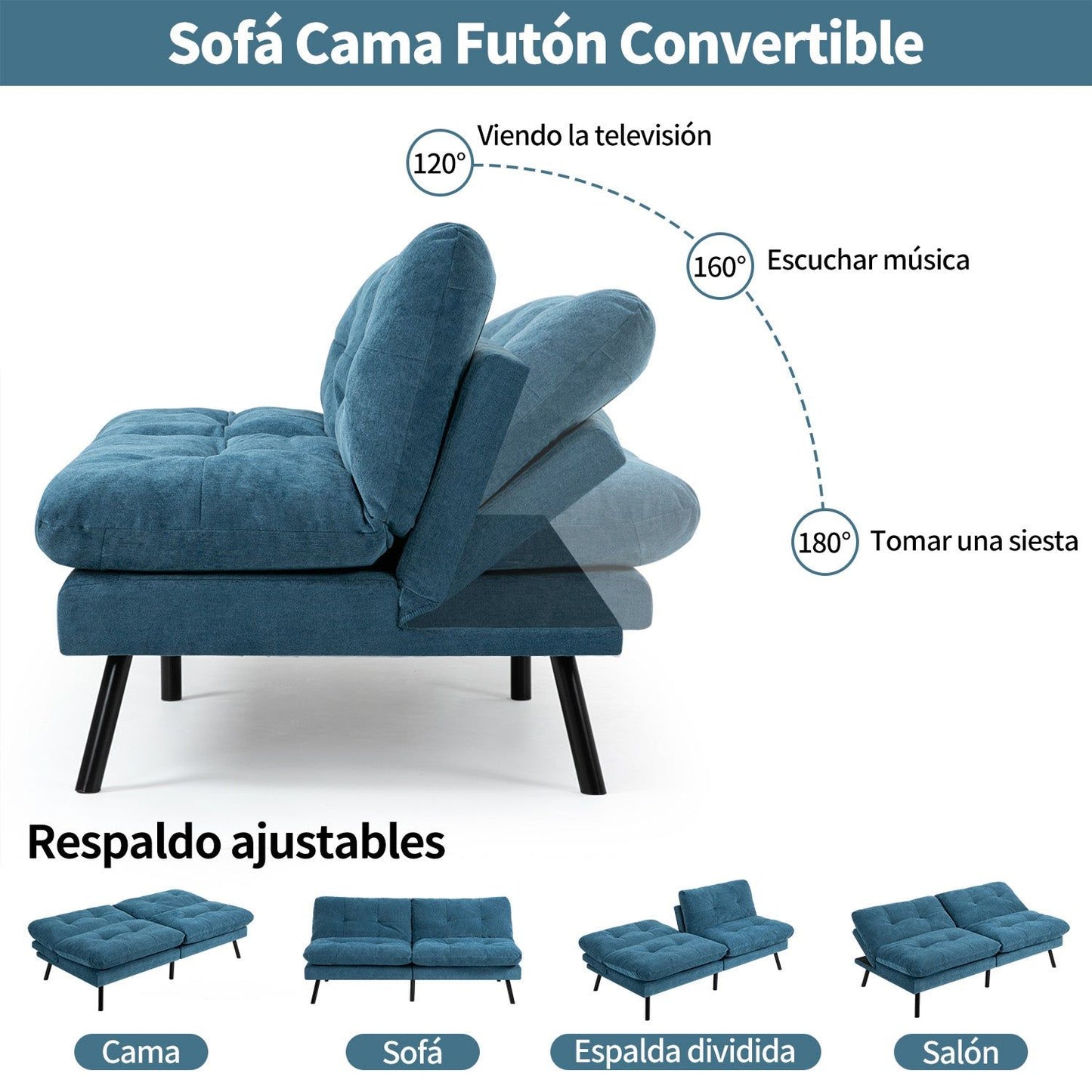 HOMEMAKE FURNITURE Sofá Cama de 2 Plazas, Futon de Estilo Moderno, con Respaldo Doble Ajustable de 120 a 180 Grados, Salas de Estar y Dormitorios,Tela de Lino, Azul - HOMEMAKE