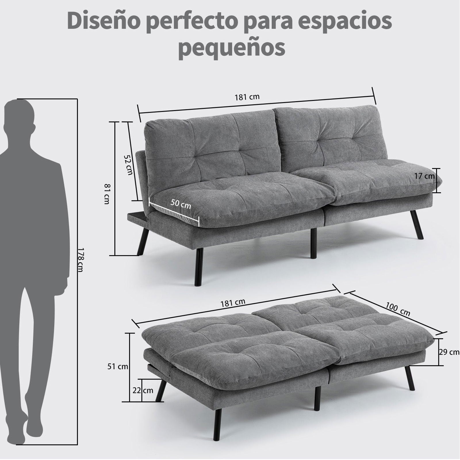 HOMEMAKE FURNITURE Sofá Cama de 2 Plazas, Futon de Estilo Moderno, con Respaldo Doble Ajustable de 120 a 180 Grados, Salas de Estar y Dormitorios,Tela de Lino, Gris - HOMEMAKE