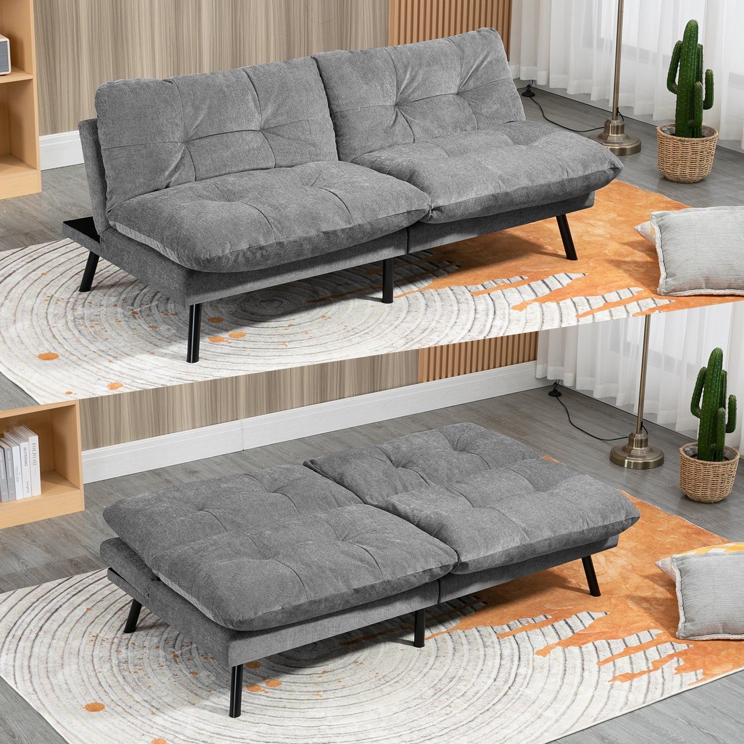 HOMEMAKE FURNITURE Sofá Cama de 2 Plazas, Futon de Estilo Moderno, con Respaldo Doble Ajustable de 120 a 180 Grados, Salas de Estar y Dormitorios,Tela de Lino, Gris - HOMEMAKE