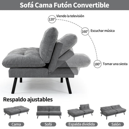 HOMEMAKE FURNITURE Sofá Cama de 2 Plazas, Futon de Estilo Moderno, con Respaldo Doble Ajustable de 120 a 180 Grados, Salas de Estar y Dormitorios,Tela de Lino, Gris - HOMEMAKE