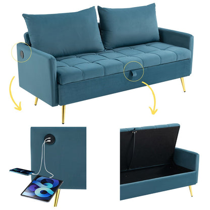 HOMEMAKE FURNITURE Sofá Moderno con Forma, Almacenamiento Plegable, Puertos USB y Tipo C para Admitir la Carga, Trae Dos Almohadas Cómodas Adecuado para Salón, Dormitorio etc. (Azul) - HOMEMAKE