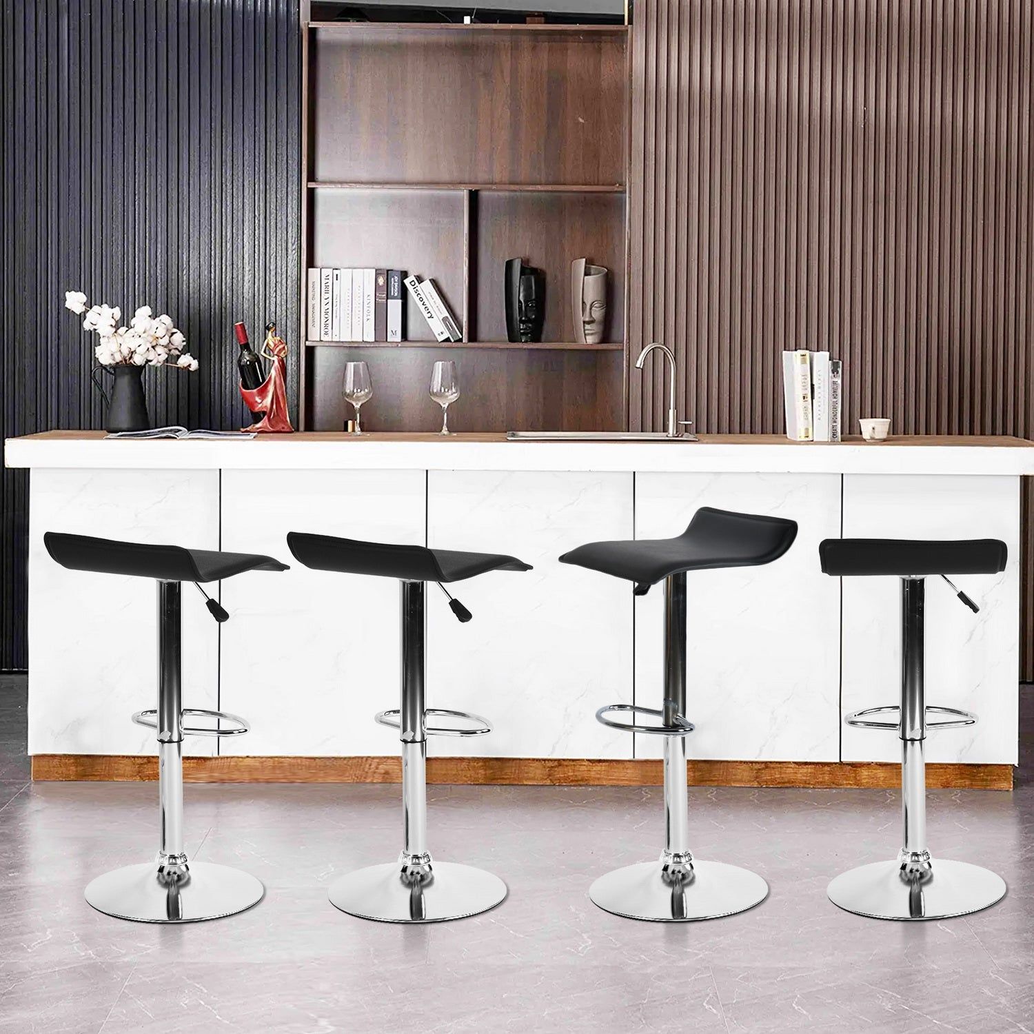 HOMEMAKE FURNITURE Taburete de Bar de Diseño Moderno Ajustable Giratorio de 360° con Cojín de Asiento Aerodinámico para Cocina Bar Sala de Estar Juego de 2 Negro - HOMEMAKE