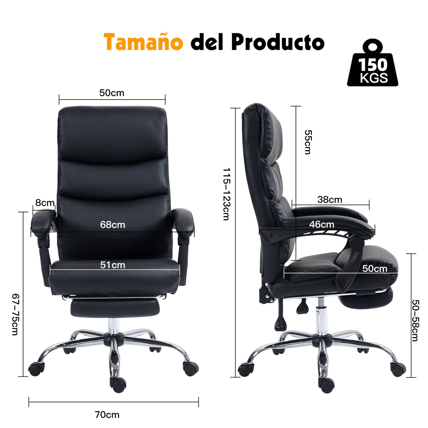 HOMEMAKE FURNITURE Silla de Oficina Ejecutiva Ergonómica Piel Sintética Giratoria 360 Grados Altura Ajustable Reclinable Adecuado Oficinas Salas de Estudio, Negro