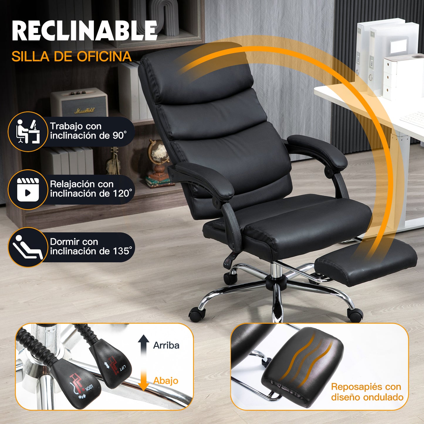 HOMEMAKE FURNITURE Silla de Oficina Ejecutiva Ergonómica Piel Sintética Giratoria 360 Grados Altura Ajustable Reclinable Adecuado Oficinas Salas de Estudio, Negro