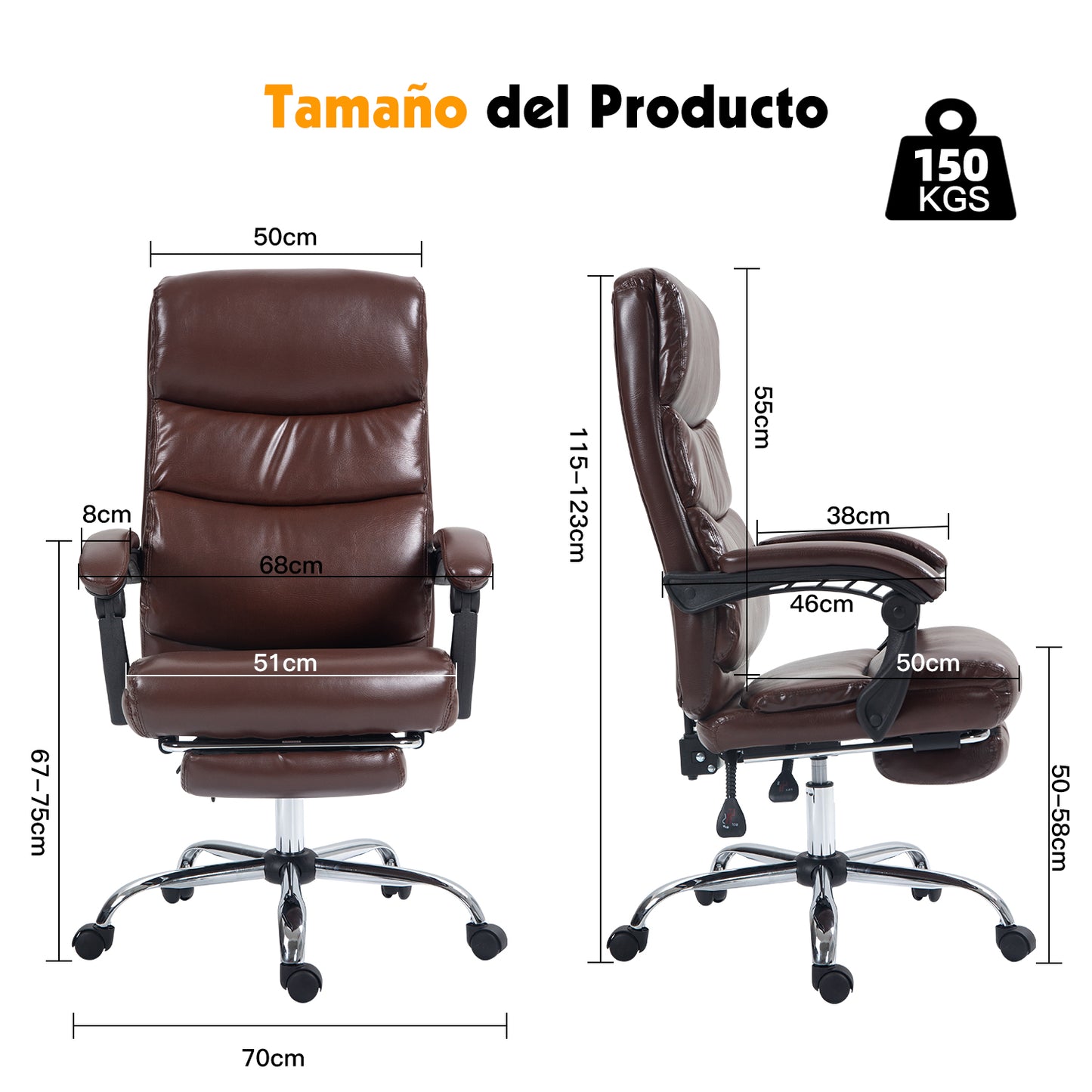 HOMEMAKE FURNITURE Silla de Oficina Ejecutiva Ergonómica Piel Sintética Giratoria 360 Grados Altura Ajustable Reclinable Adecuado Oficinas Salas de Estudio, Marrón