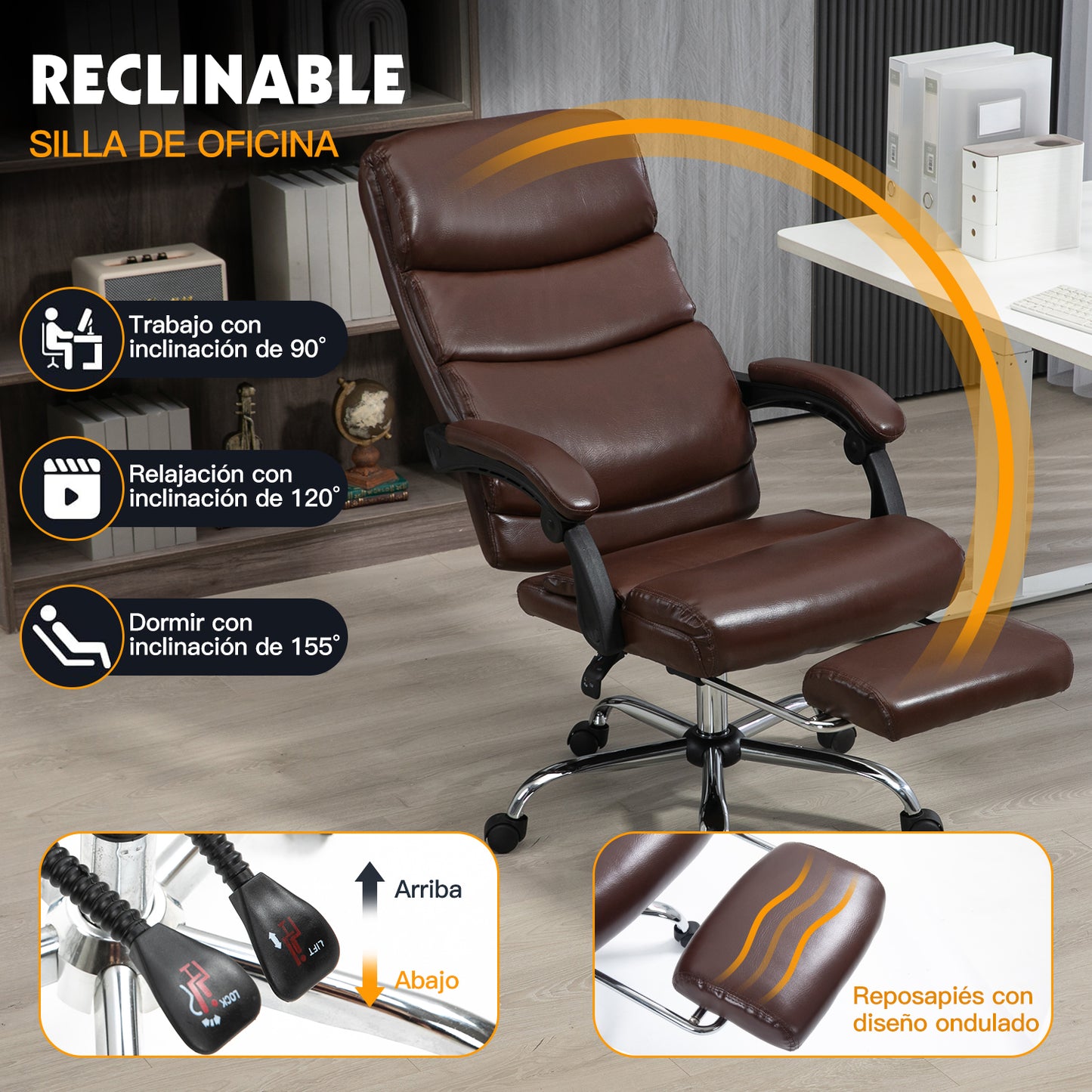 HOMEMAKE FURNITURE Silla de Oficina Ejecutiva Ergonómica Piel Sintética Giratoria 360 Grados Altura Ajustable Reclinable Adecuado Oficinas Salas de Estudio, Marrón