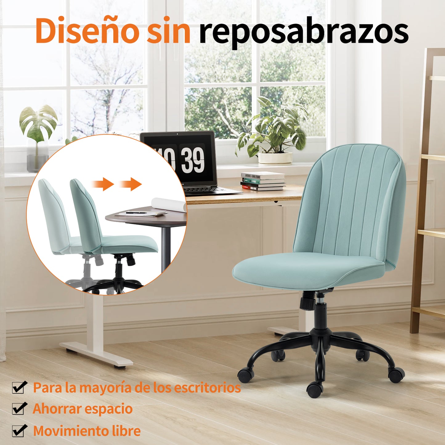 HOMEMAKE FURNITURE Cómoda Silla de Oficina Silla de Secretaria Cojín Suave Respaldo Medio Rotación Ajustable Adecuada para Sala de Estar Tocador Dormitorio Estudio, Verde Menta