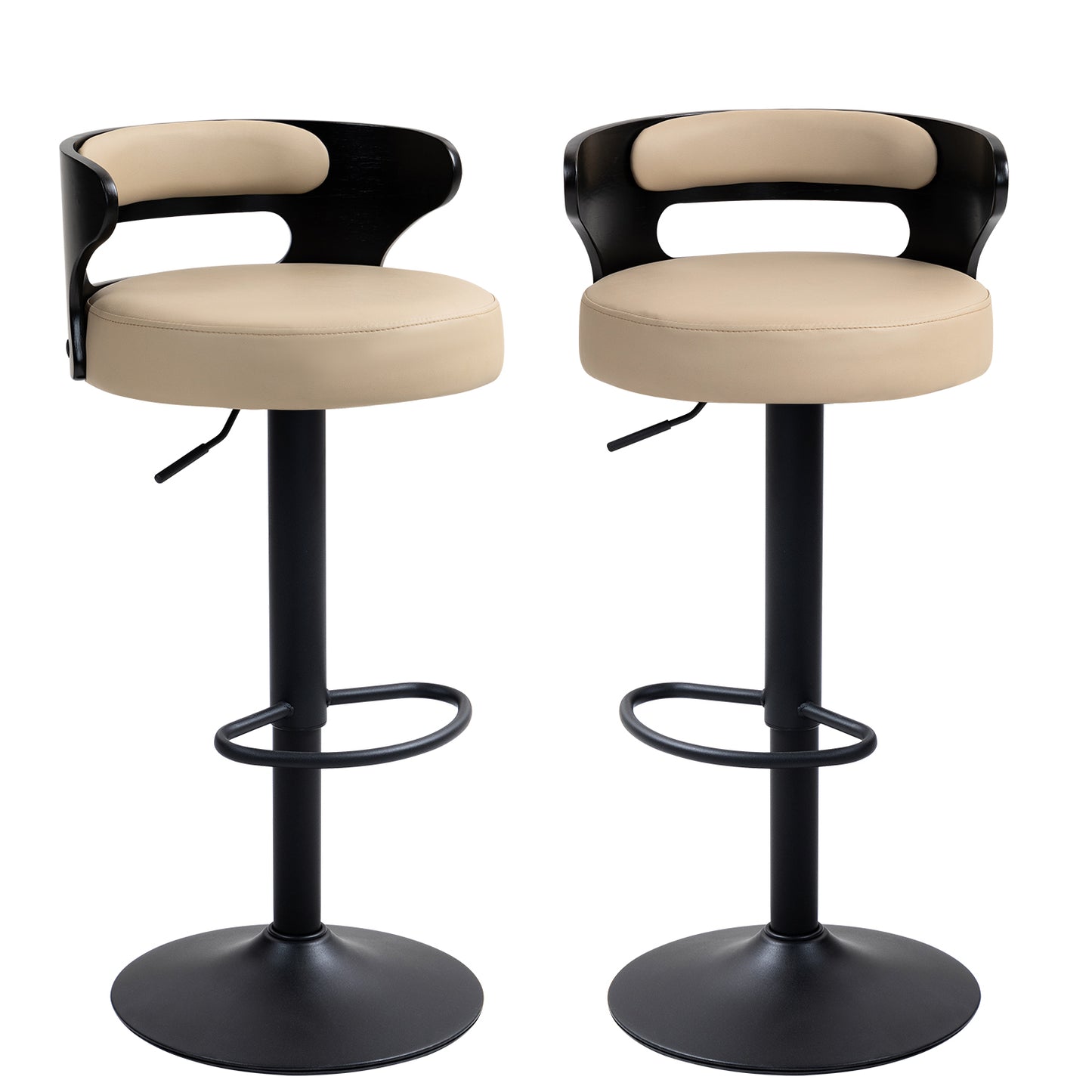 Juego de 2 Taburetes de Bar Banco de Barra de Cocina Giratorio y Ajustable Asiento de PVC Respaldo de Madera Curvado Apto para Desayuno Comedor Isla de Cocina (Negro+beige)