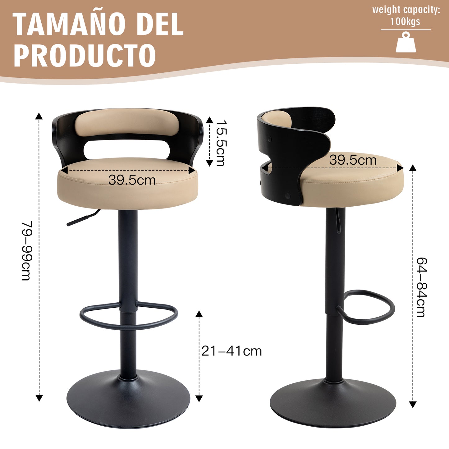 Juego de 2 Taburetes de Bar Banco de Barra de Cocina Giratorio y Ajustable Asiento de PVC Respaldo de Madera Curvado Apto para Desayuno Comedor Isla de Cocina (Negro+beige)