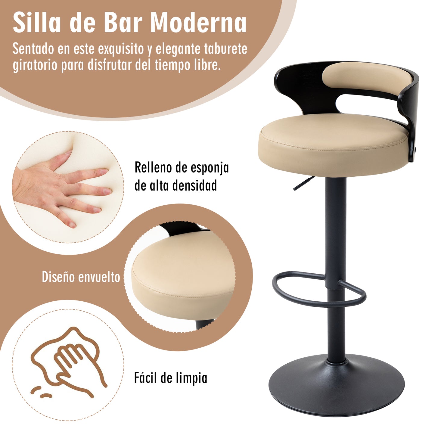 Juego de 2 Taburetes de Bar Banco de Barra de Cocina Giratorio y Ajustable Asiento de PVC Respaldo de Madera Curvado Apto para Desayuno Comedor Isla de Cocina (Negro+beige)