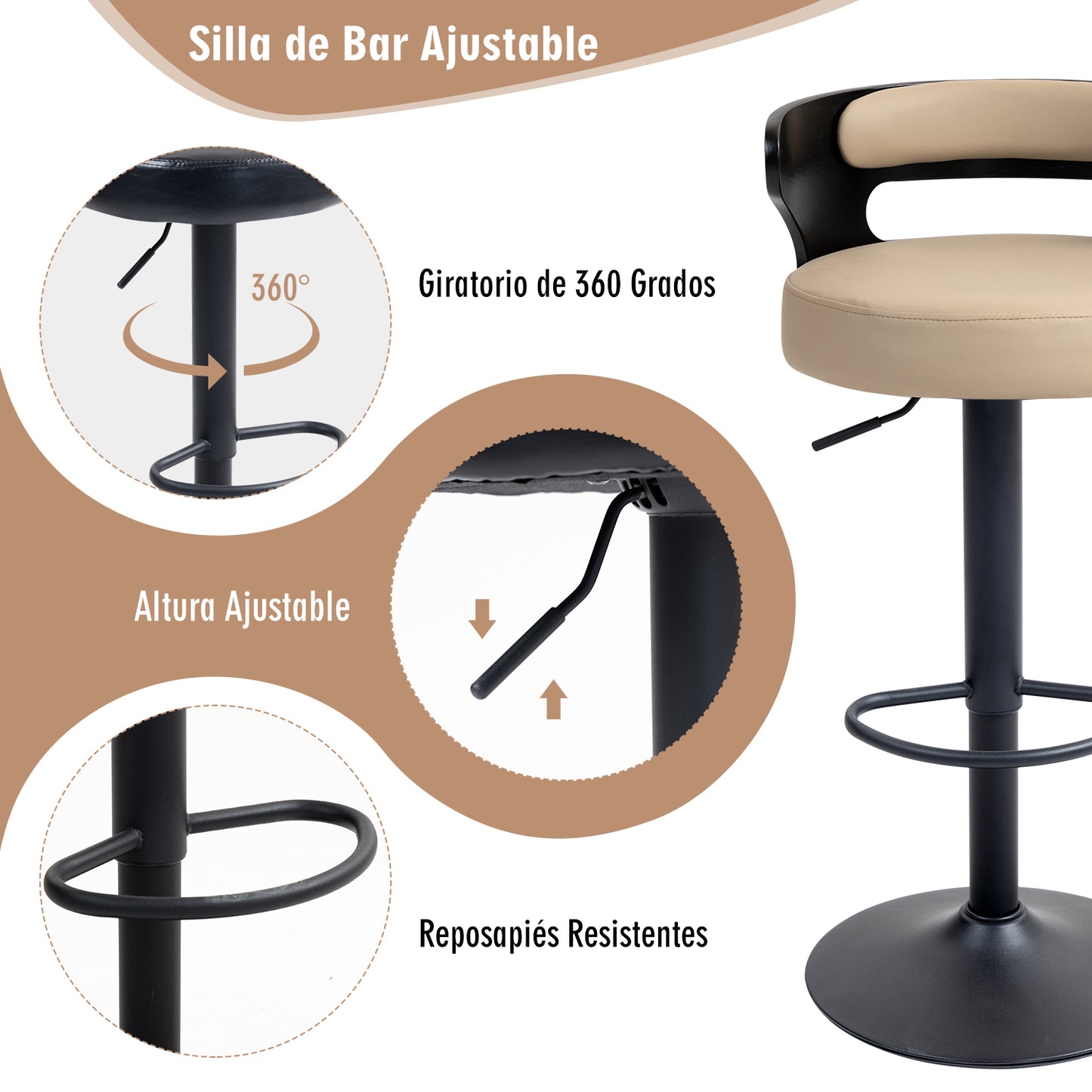 Juego de 2 Taburetes de Bar Banco de Barra de Cocina Giratorio y Ajustable Asiento de PVC Respaldo de Madera Curvado Apto para Desayuno Comedor Isla de Cocina (Negro+beige)