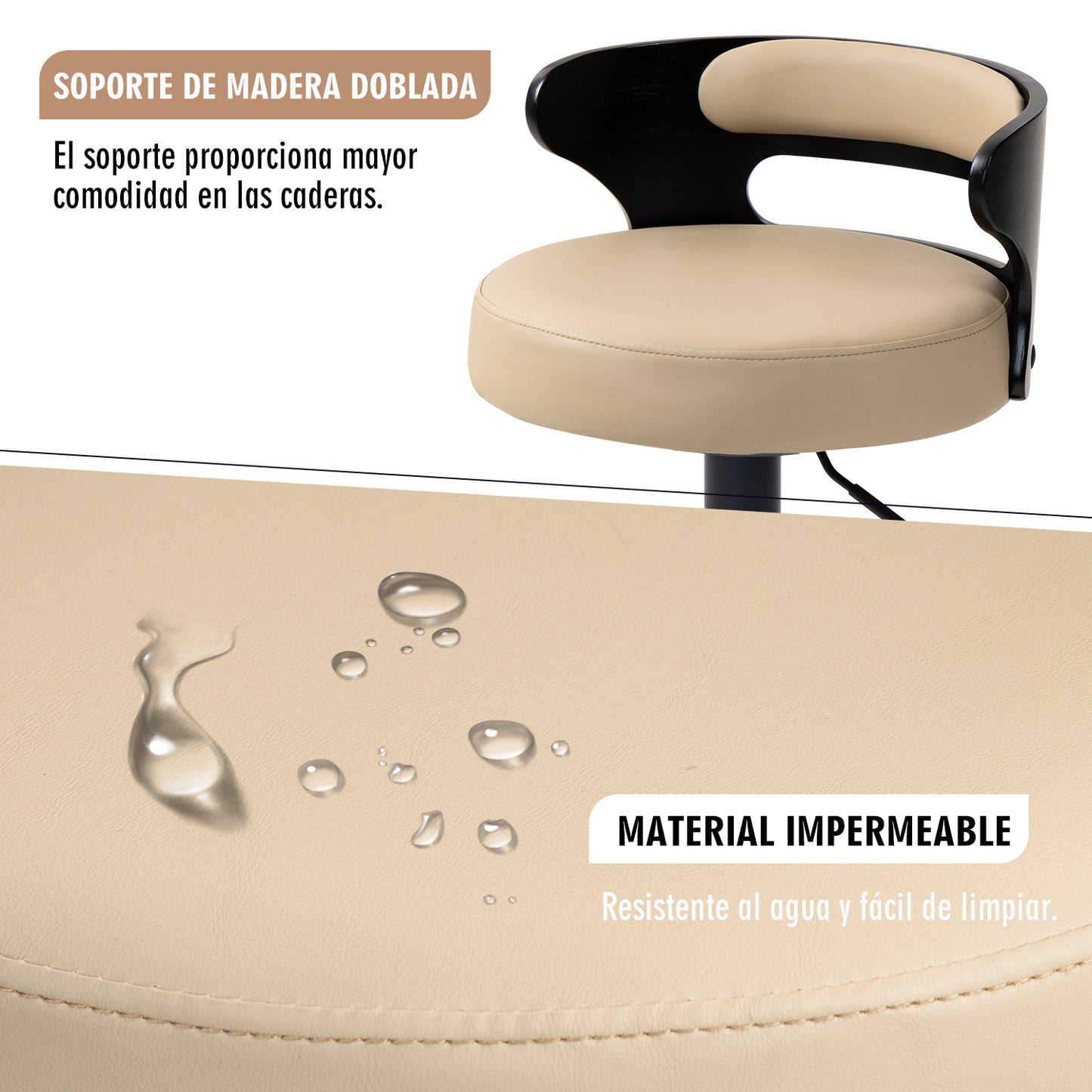 Juego de 2 Taburetes de Bar Banco de Barra de Cocina Giratorio y Ajustable Asiento de PVC Respaldo de Madera Curvado Apto para Desayuno Comedor Isla de Cocina (Negro+beige)