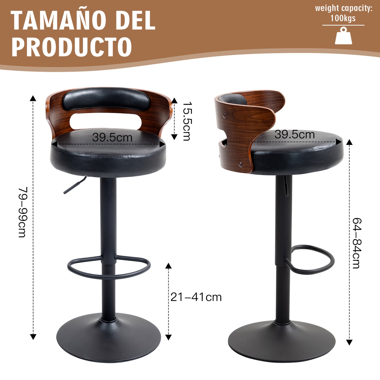 HOMEMAKE FURNITURE Juego de 2 Taburetes de Bar Banco de Barra de Cocina Giratorio y Ajustable Asiento de PVC Respaldo de Madera Curvado Apto para Desayuno Comedor Isla de Cocina (Negro+nogal)