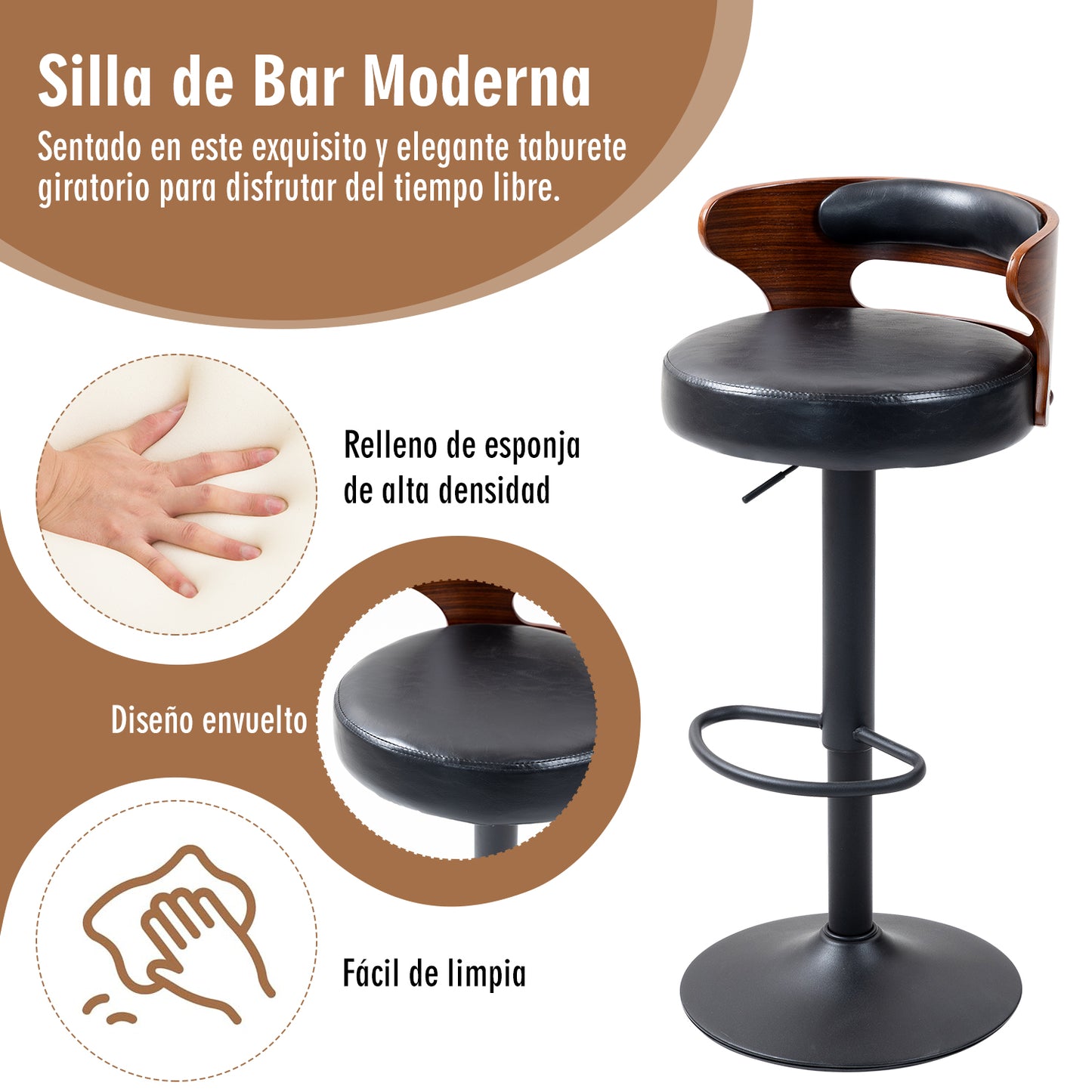 HOMEMAKE FURNITURE Juego de 2 Taburetes de Bar Banco de Barra de Cocina Giratorio y Ajustable Asiento de PVC Respaldo de Madera Curvado Apto para Desayuno Comedor Isla de Cocina (Negro+nogal)