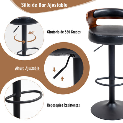 HOMEMAKE FURNITURE Juego de 2 Taburetes de Bar Banco de Barra de Cocina Giratorio y Ajustable Asiento de PVC Respaldo de Madera Curvado Apto para Desayuno Comedor Isla de Cocina (Negro+nogal)