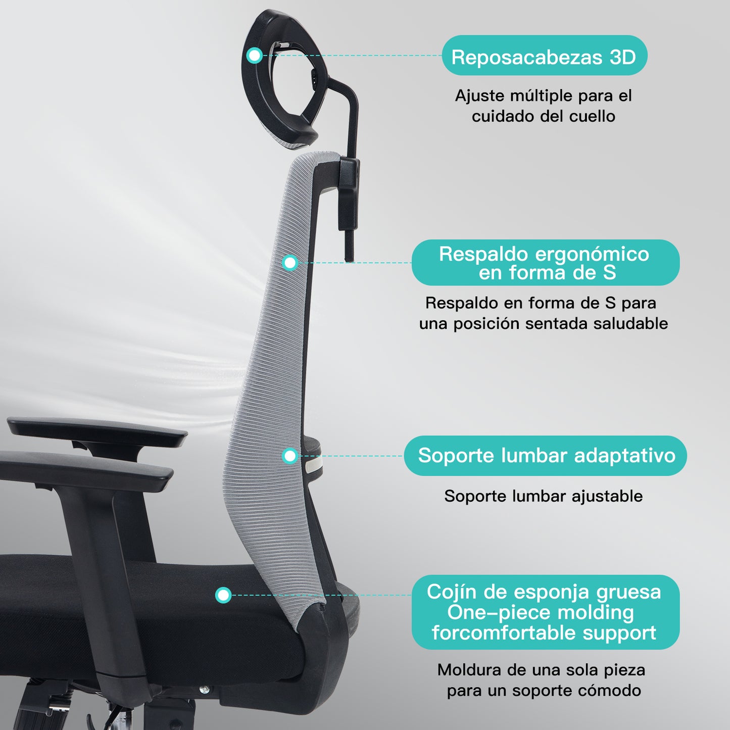 HOMEMAKE FURNITURE Silla Oficina Ergonómica con Reposapiés con Soporte Lumbar y Respaldo Alto con Reposacabezas Ajustable Altura Reclinable Descansabrazos Ajustables Silla Gamer, Gris+Negro