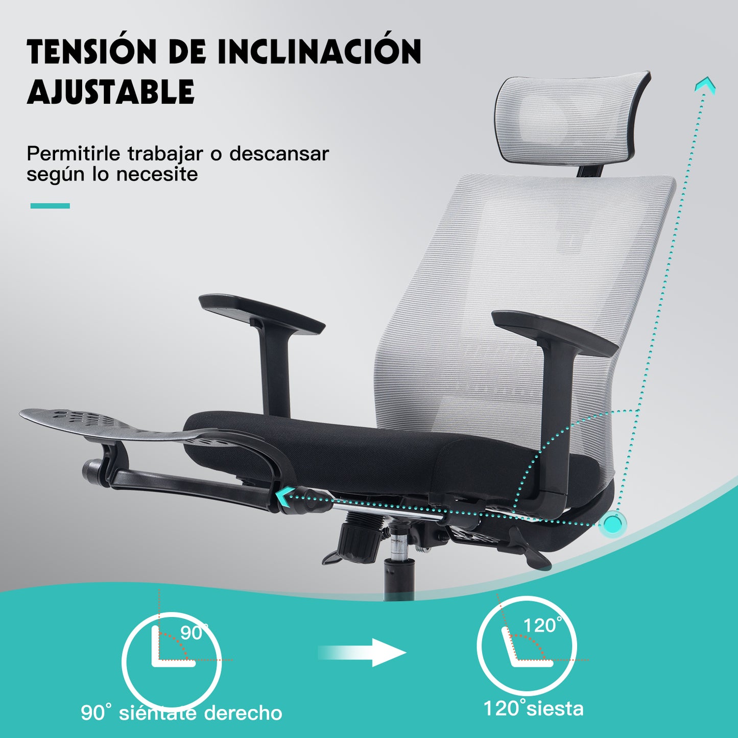 HOMEMAKE FURNITURE Silla Oficina Ergonómica con Reposapiés con Soporte Lumbar y Respaldo Alto con Reposacabezas Ajustable Altura Reclinable Descansabrazos Ajustables Silla Gamer, Gris+Negro