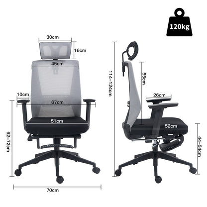 HOMEMAKE FURNITURE Silla Oficina Ergonómica con Reposapiés con Soporte Lumbar y Respaldo Alto con Reposacabezas Ajustable Altura Reclinable Descansabrazos Ajustables Silla Gamer, Gris+Negro