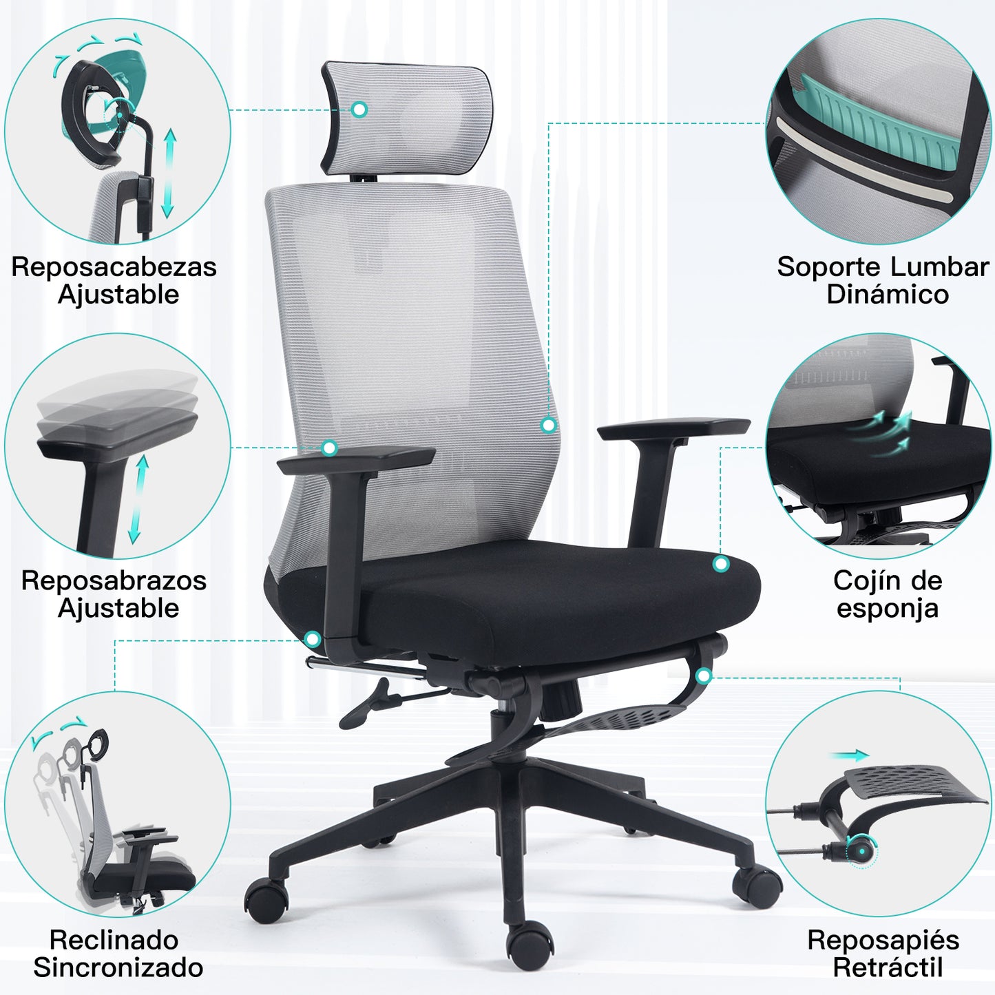 HOMEMAKE FURNITURE Silla Oficina Ergonómica con Reposapiés con Soporte Lumbar y Respaldo Alto con Reposacabezas Ajustable Altura Reclinable Descansabrazos Ajustables Silla Gamer, Gris+Negro