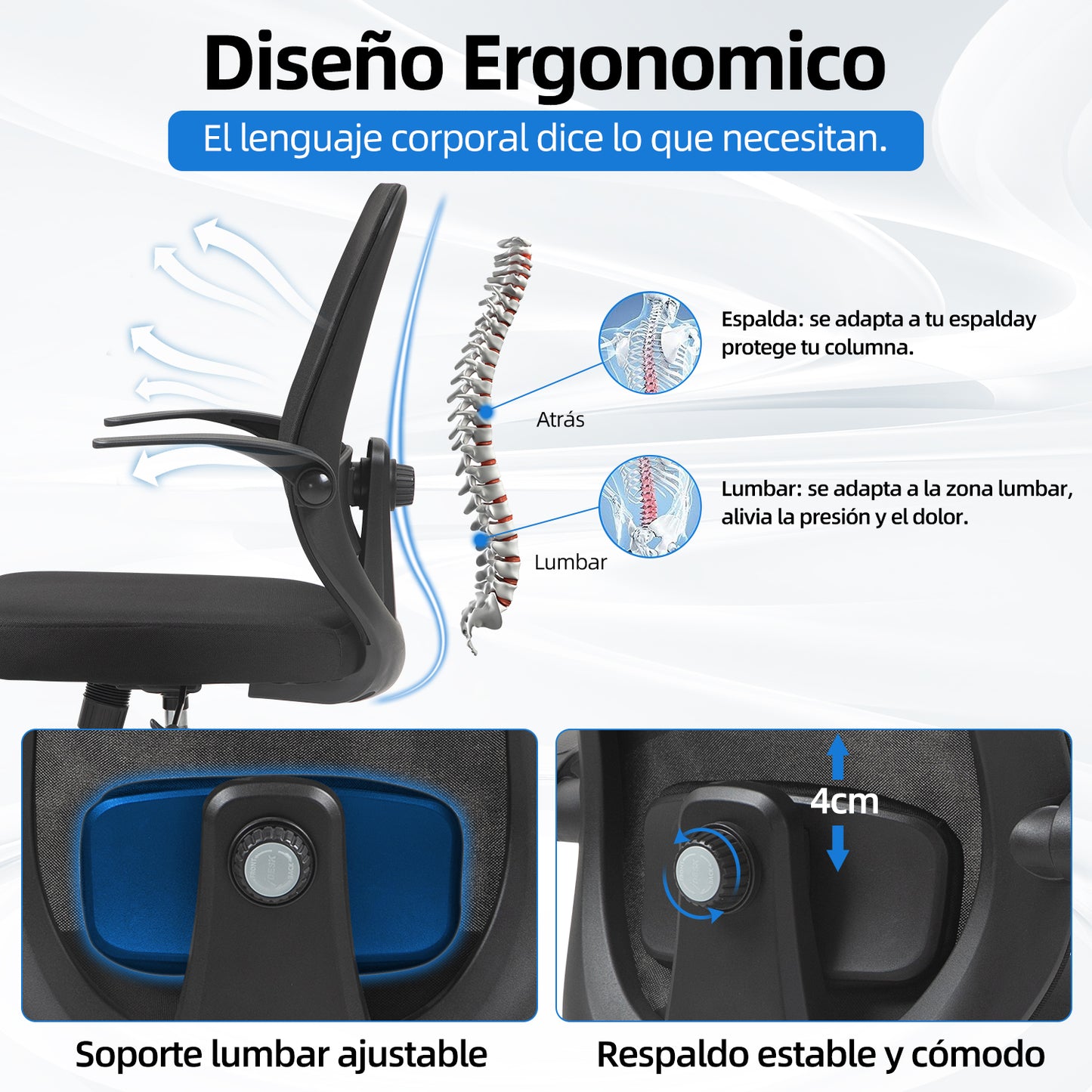 HOMEMAKE FURNITURE Silla de Oficina Giratoria Regulable en Altura y Lumbar Apta para Oficinas y Salas de Estudio, Negro