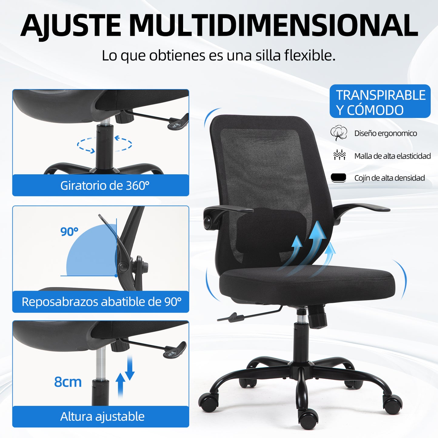 HOMEMAKE FURNITURE Silla de Oficina Giratoria Regulable en Altura y Lumbar Apta para Oficinas y Salas de Estudio, Negro