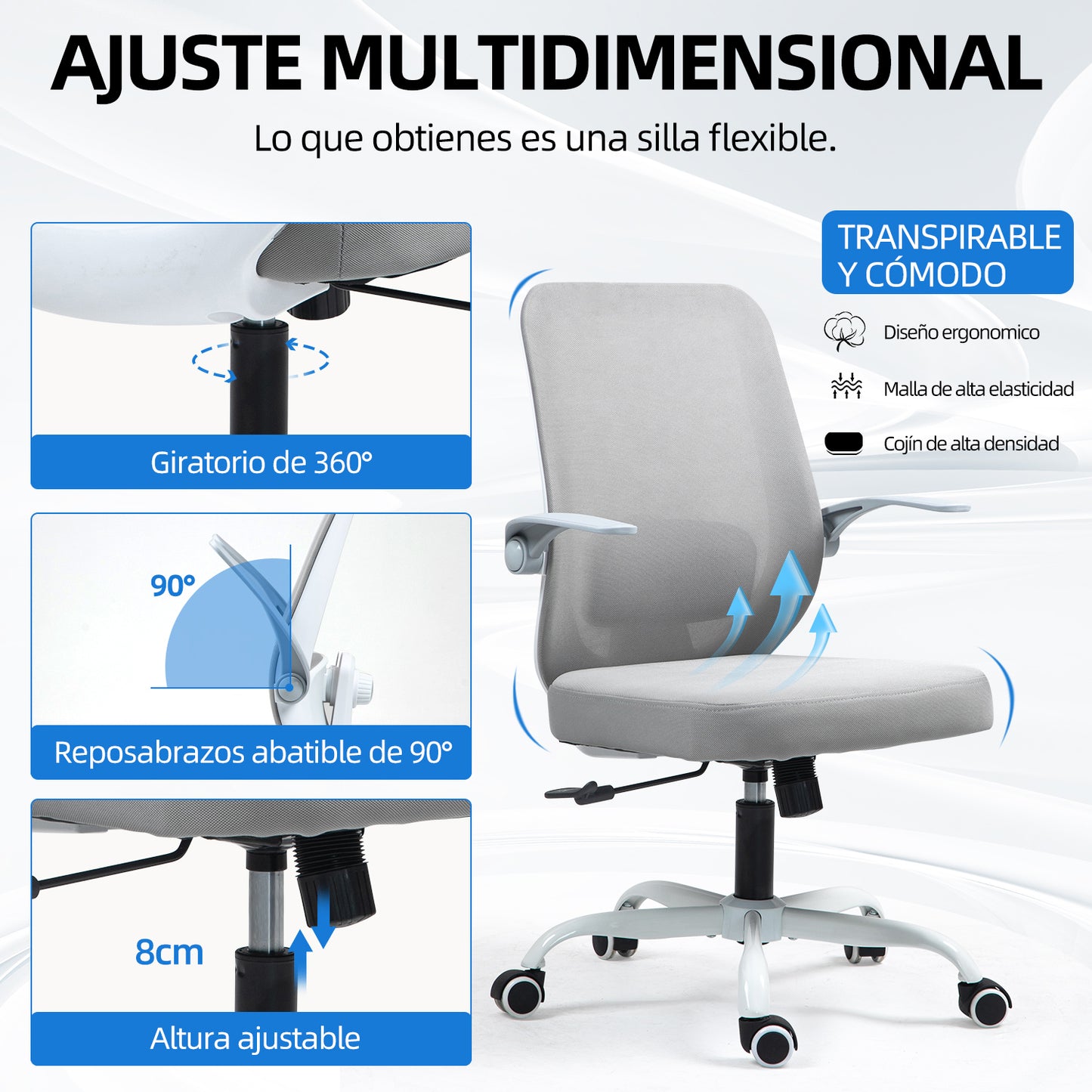 HOMEMAKE FURNITURE Silla de Oficina Giratoria Regulable en Altura y Lumbar Apta para Oficinas y Salas de Estudio, Blanco