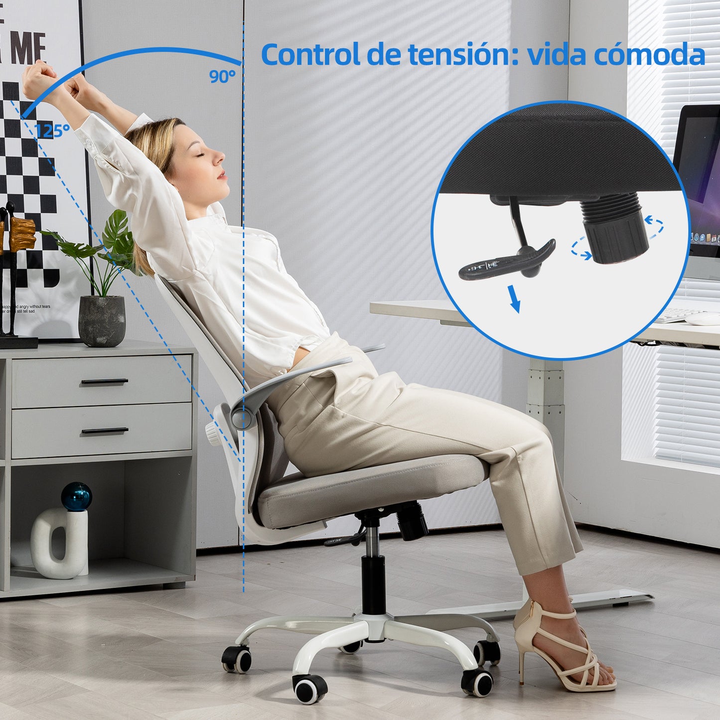 HOMEMAKE FURNITURE Silla de Oficina Giratoria Regulable en Altura y Lumbar Apta para Oficinas y Salas de Estudio, Blanco