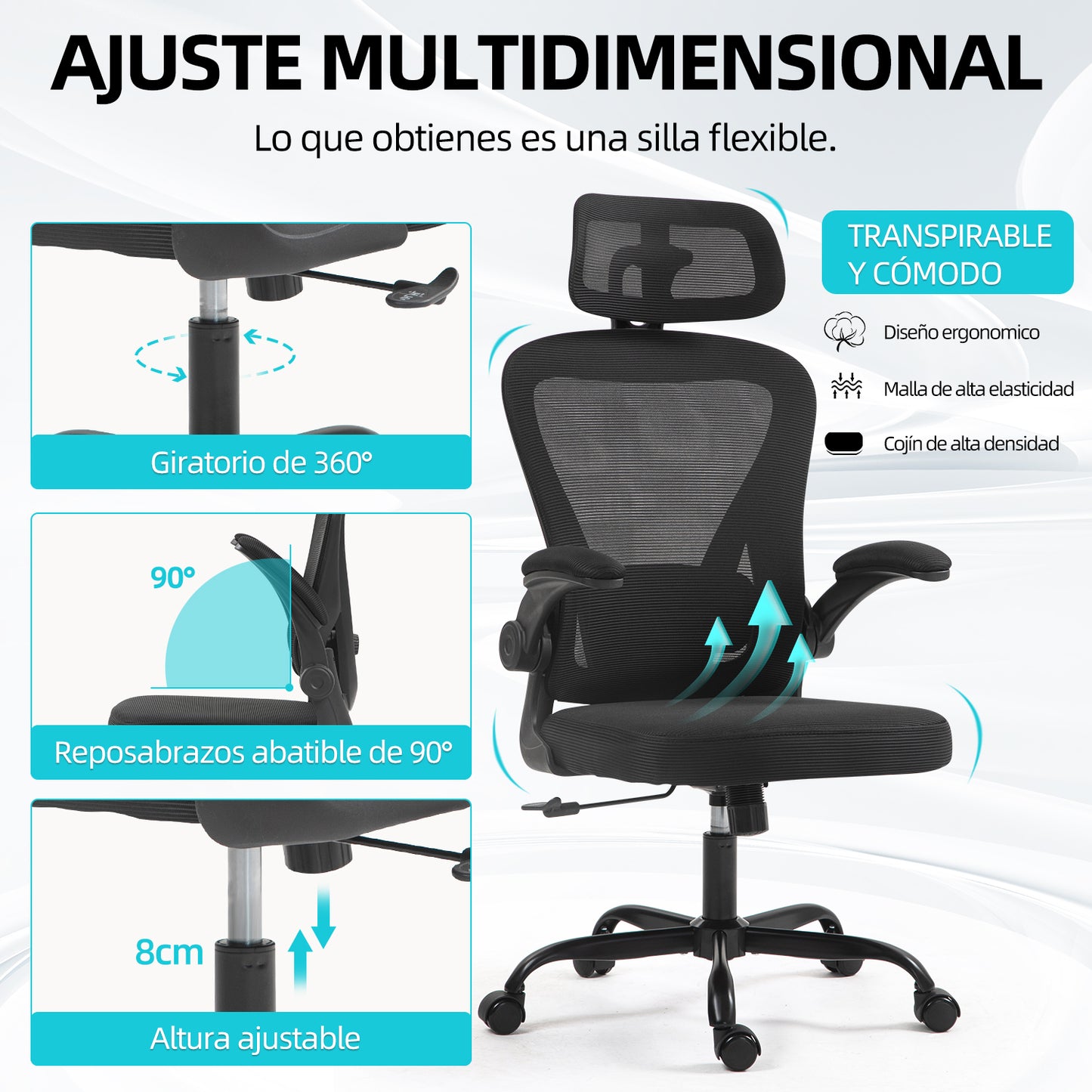 HOMEMAKE FURNITURE Silla de Oficina Ergonómica Giratoria Regulable con Reposabrazos Reposacabezas y Soporte Lumbar Apta para Oficinas y Salas de Estudio, Blanco