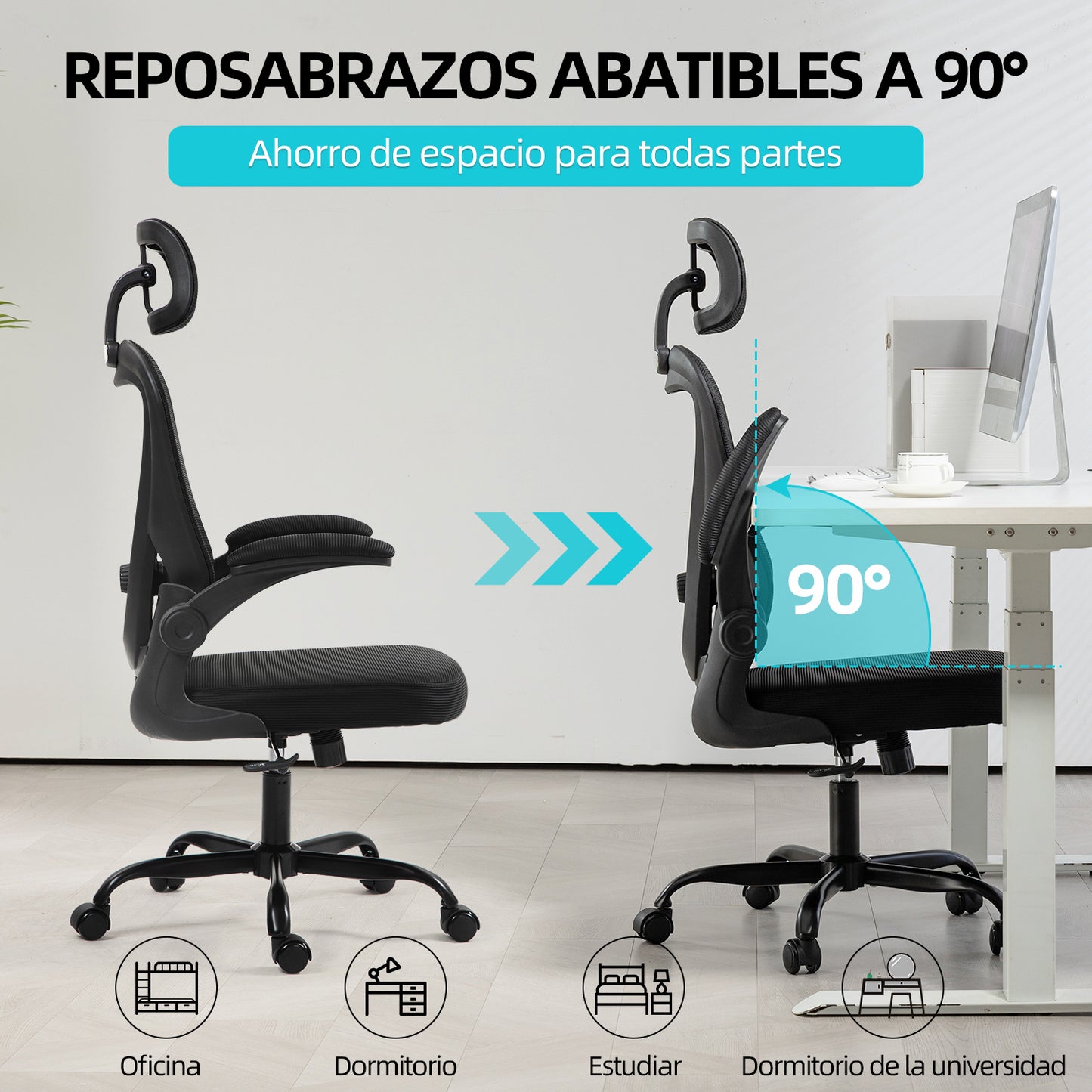 HOMEMAKE FURNITURE Silla de Oficina Ergonómica Giratoria Regulable con Reposabrazos Reposacabezas y Soporte Lumbar Apta para Oficinas y Salas de Estudio, Blanco