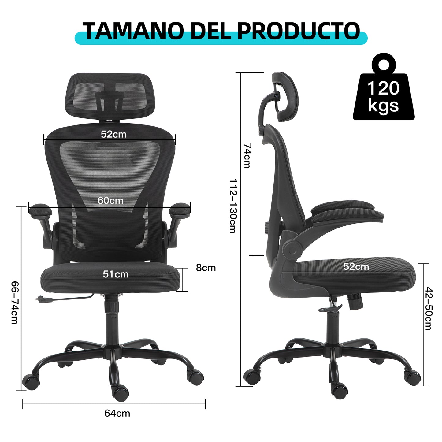 HOMEMAKE FURNITURE Silla de Oficina Ergonómica Giratoria Regulable con Reposabrazos Reposacabezas y Soporte Lumbar Apta para Oficinas y Salas de Estudio, Blanco