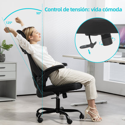 HOMEMAKE FURNITURE Silla de Oficina Ergonómica Giratoria Regulable con Reposabrazos Reposacabezas y Soporte Lumbar Apta para Oficinas y Salas de Estudio, Blanco