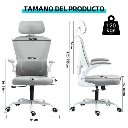 HOMEMAKE FURNITURE Silla de Oficina Ergonómica Giratoria Regulable con Reposabrazos Reposacabezas y Soporte Lumbar Apta para Oficinas y Salas de Estudio, Blanco