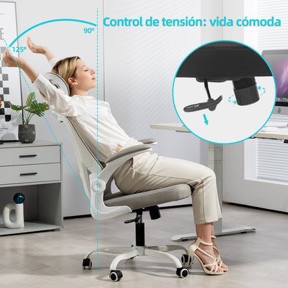 HOMEMAKE FURNITURE Silla de Oficina Ergonómica Giratoria Regulable con Reposabrazos Reposacabezas y Soporte Lumbar Apta para Oficinas y Salas de Estudio, Blanco