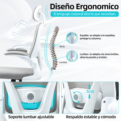 HOMEMAKE FURNITURE Silla de Oficina Ergonómica Giratoria Regulable con Reposabrazos Reposacabezas y Soporte Lumbar Apta para Oficinas y Salas de Estudio, Blanco