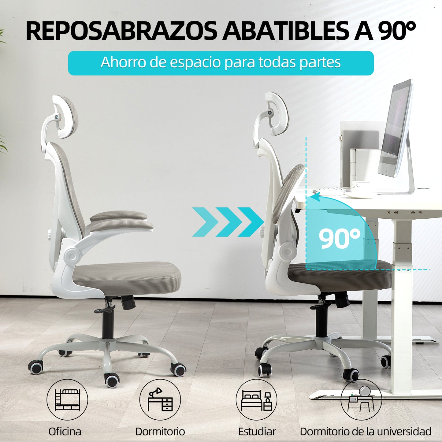 HOMEMAKE FURNITURE Silla de Oficina Ergonómica Giratoria Regulable con Reposabrazos Reposacabezas y Soporte Lumbar Apta para Oficinas y Salas de Estudio, Blanco