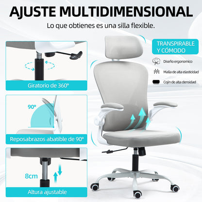 HOMEMAKE FURNITURE Silla de Oficina Ergonómica Giratoria Regulable con Reposabrazos Reposacabezas y Soporte Lumbar Apta para Oficinas y Salas de Estudio, Blanco