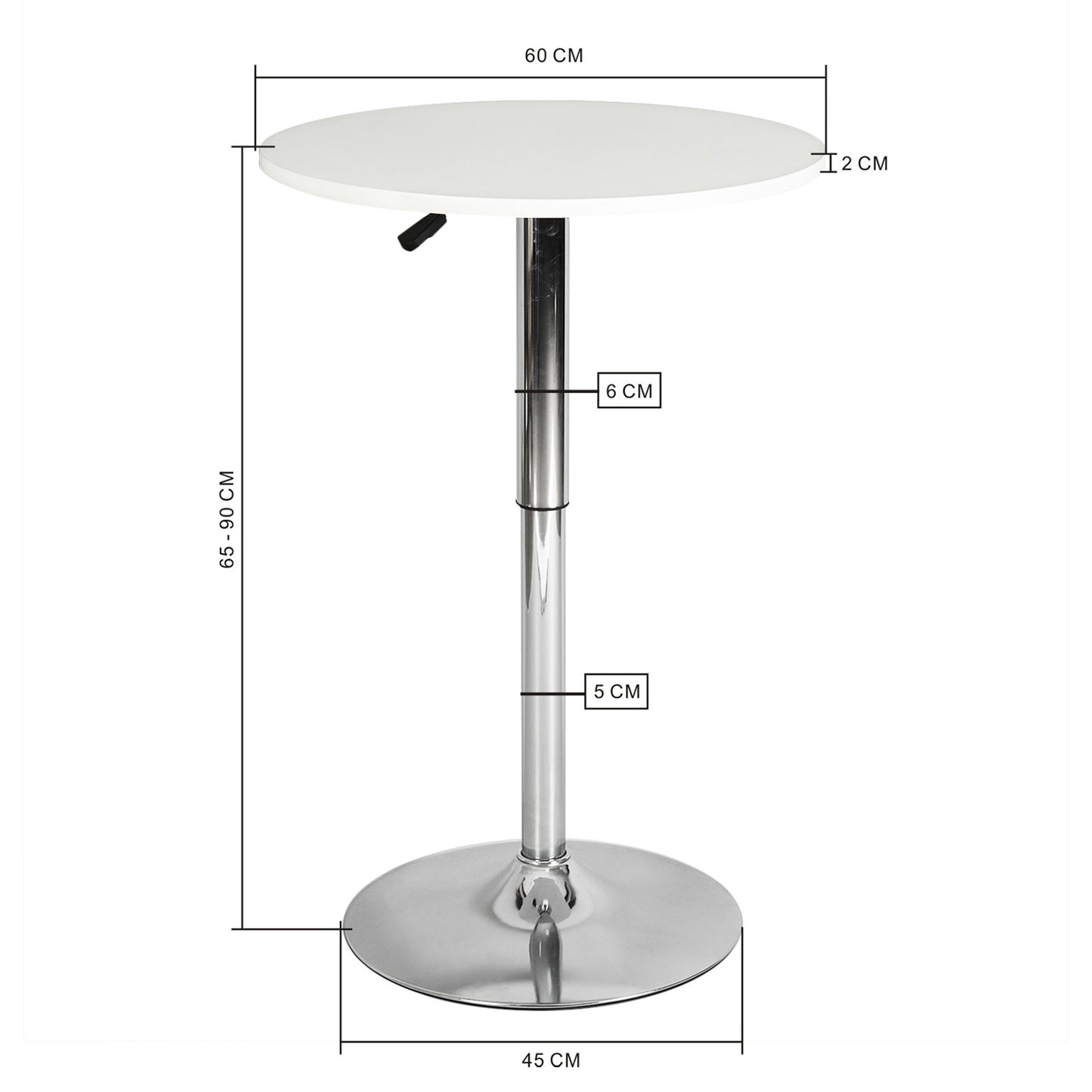 Mesa de Bar Redonda de 60 cm Altura Ajustable Rotación de 360° Base Cromada para Restaurante Bar Cafetería Cocina Lounge (Blanco)