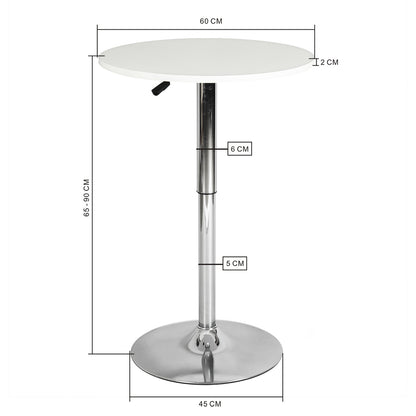 Mesa de Bar Redonda de 60 cm Altura Ajustable Rotación de 360° Base Cromada para Restaurante Bar Cafetería Cocina Lounge (Blanco)