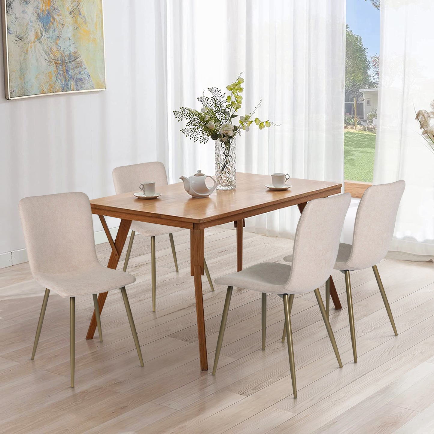 HOMEMAKE FURNITURE Sillas de Comedor de 4 Piezas Patas Doradas de Metal de Estilo Moderno Cómodas y Duraderas Adecuadas para la Sala de Estar de la Cocina del Hogar (Beige)