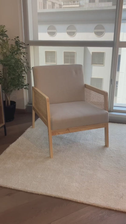 Silla Decorativa Malla de Ratán Sillón Individual Moderno Marco de Madera Cojín Cómodo y Extragrueso con Almohadillas para los pies para Sala de Estar Recámara, Beige